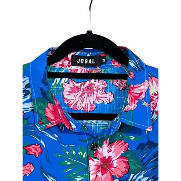 Jogal Hawaiian Tropical Flowers Short Sleeve Button Down Shirt Size Medium Blue - Picture 2 of 6